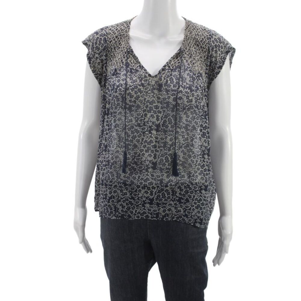 Ulla Johnson Women Dark Blue Floral V-Neck Blouse Cap Sleeve Size 2